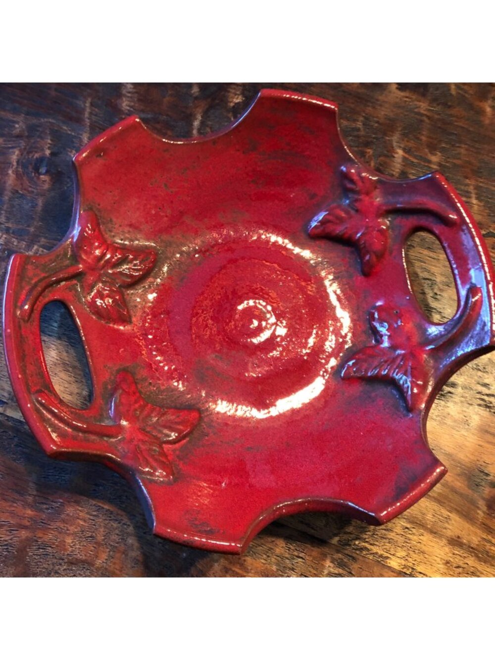 Red Pottery Leaf Motif Bowl With Handles